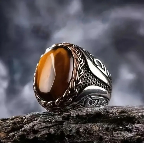 Vintage Tiger Eye Silvery Ring Bohemian Style Size 8 - Picture 9 of 17